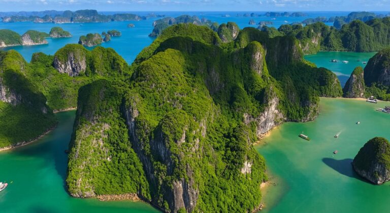 Barco tradicional navegando pela Baía de Ha Long ao nascer do sol — paisagem patrimônio UNESCO no norte do Vietnã