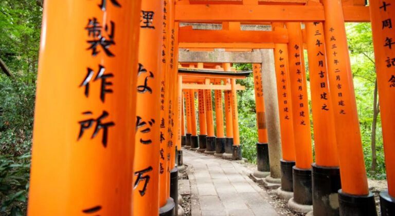 Túnel de portões torii vermelhos no Santuário Fushimi Inari em Quioto — uma das imagens mais icônicas do Japão