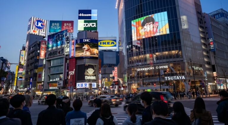 Cruzamento de Shibuya em Tóquio à noite com multidão de pedestres — o mais movimentado do mundo